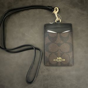 COACH SIGNATURE C BROWN/ BLACK CANVAS LEATHER Lanyard ID Badge CARD HOLDER